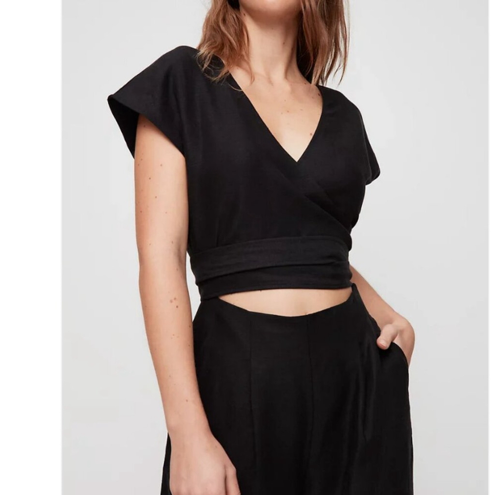 Aritzia Black Sleeveless Jumpsuit linen wide leg wrap top office casual neutral - Picture 3 of 13